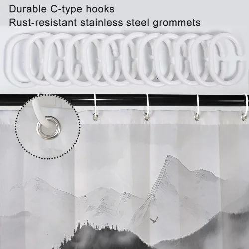 Miniatura 5 de Cortina de ducha pequeña en blanco y negro, juego de cortina de ducha de bosque brumoso para baño, impermeable, decoración de baño de montaña