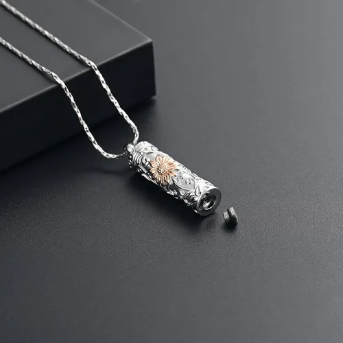 Miniatura 69 de Collar de urna de girasol para cenizas, collar de barra cilíndrica para cenizas para mujer, colgante de recuerdo para cenizas, joyería de cremación