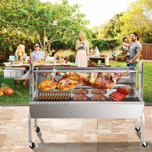 Miniatura 4 de Parrilla con espetón de acero inoxidable a carbón, parrilla con espetón con capucha de 50" para cerdo y cordero, parrilla a carbón con espetón