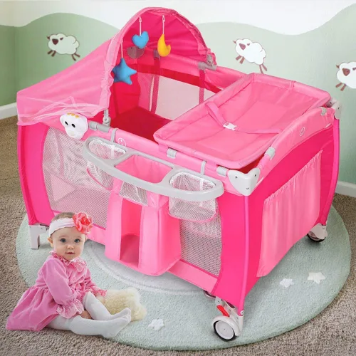 Miniatura 9 de Costzon 4 en 1 rosa Pack and Play con moisés, corralito portátil para bebé con toldo ajustable, entrada con cremallera lateral, caja de música