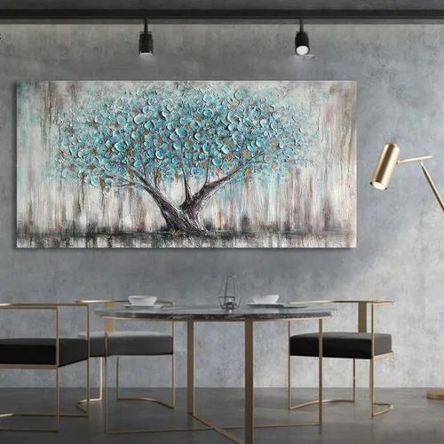 Miniatura 5 de Arjun Arte de Pared en Lienzo de Árbol para Sala de Estar, Árbol de la Vida Azul, Naturaleza Verde Azulado, Pintura Abstracta con Textura, Cuadro