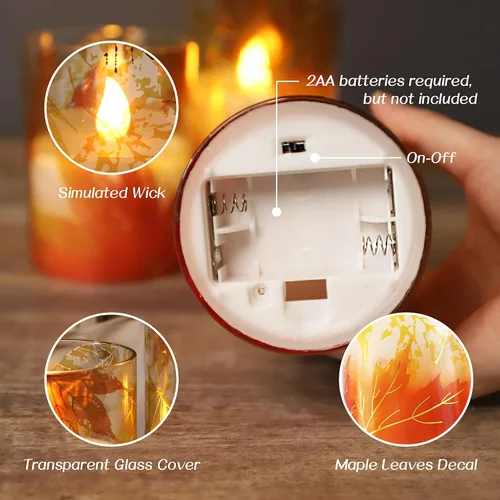 Miniatura 2 de Crystal Club Velas sin llama de otoño, hojas de arce de otoño, velas LED parpadeantes con control remoto y temporizador, velas de pilar con efecto