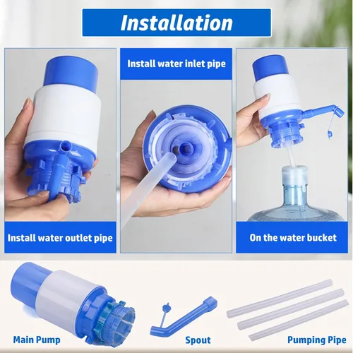 Miniatura 6 de Bomba de agua manual portátil azul para botella de 5 galones, dispensador de jarra de agua, bomba de agua potable con un tubo extra corto y tapa