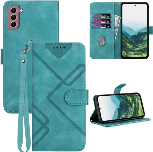 Miniatura 11 de Funda para Galaxy S21, tarjetero, correa para la muñeca, soporte, cierre magnético, funda con patrón de piel sintética, protección a prueba de Azul