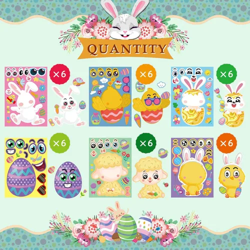 Miniatura 2 de 36 Hojas de Pegatinas de Pascua para Niños, Relleno para Cesta de Pascua, Pegatinas para Hacer Caras, Crea tus Propias Pegatinas de Animales