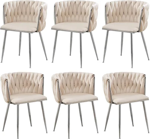 Miniatura 19 de Juego de 2 sillas de comedor de terciopelo, sillas laterales tapizadas tejidas con patas de metal plateado, Sillas de Comedor 2, sillas decorativas