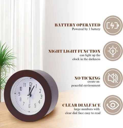 Miniatura 6 de Reloj despertador analógico de madera, silencioso y sin tictac, funciona con pilas, reloj de mesa con luz nocturna para dormitorio, habitación