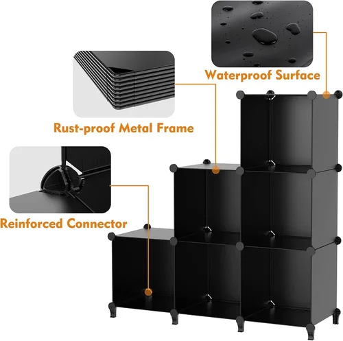 Miniatura 6 de Organizador de armario de almacenamiento de 6 cubos, portátil, multifuncional, ensamblado, cubos negros, estantería, estantería (negro)