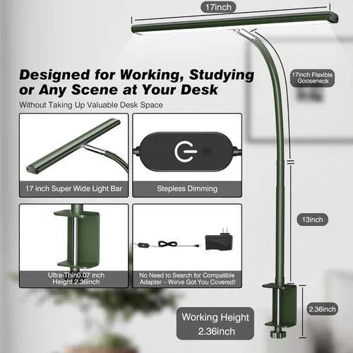 Miniatura 3 de Airlonv Lámpara de escritorio LED para oficina y hogar, luz de escritorio que cuida los ojos con atenuación continua, cuello de cisne flexible Verde