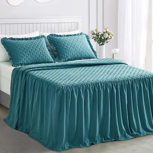 CHIXIN Colcha con falda con volantes, tamaño California King, caída de 30 pulgadas de largo, estilo Shabby Chic, funda de cama ligera, juego de 3 2