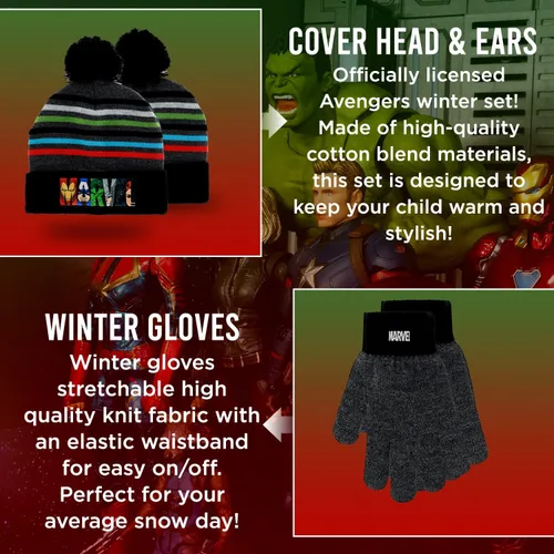 Miniatura 2 de Marvel Avengers - Conjunto de sombreros de invierno y guantes de nieve para niños y niños pequeños con lindos mitones y gorro suave, pompón esponjoso
