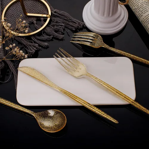 Miniatura 3 de Supernal Juego de 180 piezas de cubiertos de plástico dorados. Cubiertos de plástico duraderos en color dorado con brillo para fiestas. Cubiertos