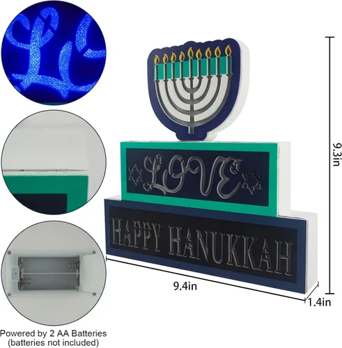 Miniatura 4 de Decoraciones iluminadas de Hanukkah, letrero de madera con 81 luces LED, funciona con pilas, letrero de puerta de menorá para centro de mesa