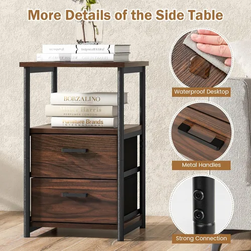 Miniatura 8 de Tangkula Mesita de noche, mesa auxiliar de sofá con estante abierto y 2 cajones, mesa de noche con marco de metal, cómoda de madera con 2 cajones