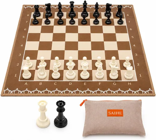 Miniatura 10 de Juego de ajedrez de 20 pulgadas para niños y adultos, alfombrilla de ajedrez plegable con 3.75 pulgadas King, 32 piezas + 2 reinas adicionales