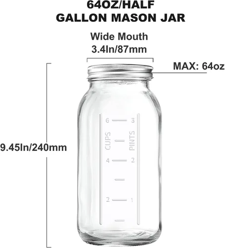 Miniatura 3 de Tarros Mason de boca ancha de 64 onzas con tapas, tarro de conservas hermético de vidrio resistente y banda de medio galón / 2 cuartos de galón