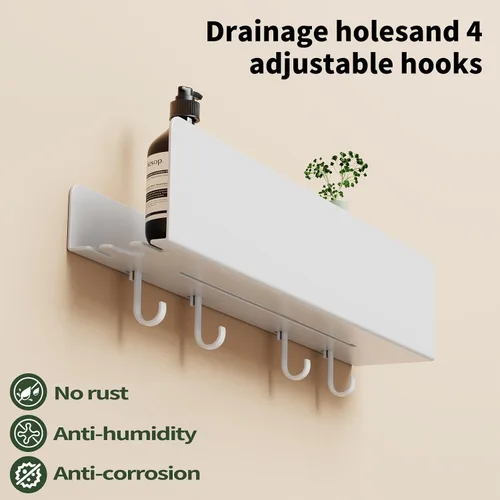 Miniatura 3 de REKITA Organizador de estante de ducha sin perforación, 40cm de acero inoxidable para almacenamiento en el baño con 4 ganchos removibles, estante