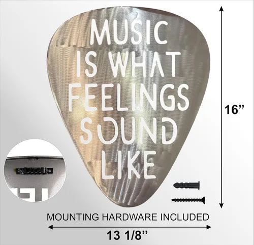 Miniatura 2 de Top Brass Arte de pared jumbo de metal con púa de guitarra de 16 pulgadas, cita "Music Is What Feelings Sound Like", decoración de pared de acero