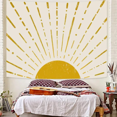 Kanuyee Tapiz dorado bohemio para colgar en la pared, diseño retro de los años 70, abstracto, vintage, línea geométrica, para dormitorio, sala de