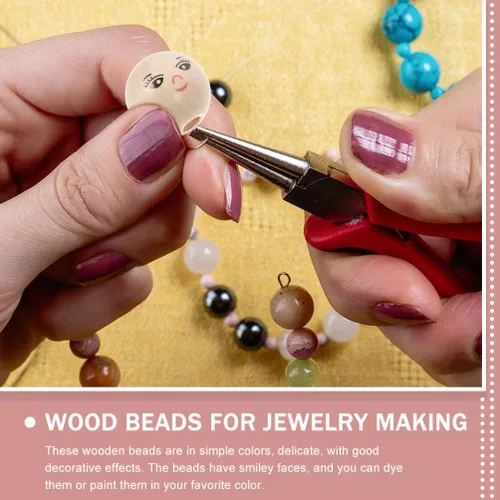 Miniatura 4 de EXCEART 50 cuentas de madera para muñecas, cuentas de arcilla para hacer pulseras, cuentas sueltas de madera con cara sonriente, cuentas de madera