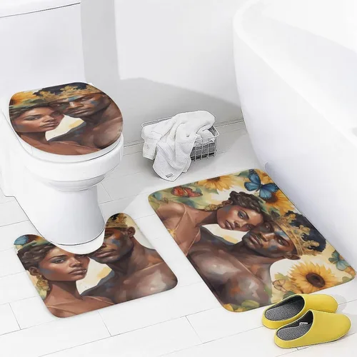 Miniatura 4 de Juego de alfombras de baño Afro Black King Queen Romantic Love de 3 piezas para pareja americana, antideslizantes, lavables, juego de alfombras