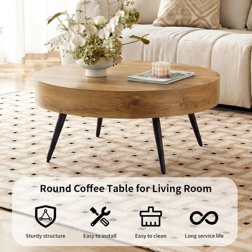 Miniatura 7 de LKTART Mesa de centro para sala de estar, mesas de centro redondas de madera con almacenamiento, mesa de té moderna de centro de metal para Marrón