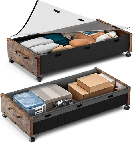 Miniatura 14 de KITHELP Almacenamiento de madera debajo de la cama con ruedas, contenedores de almacenamiento rodantes debajo de la cama con tapa extraíble, cajones