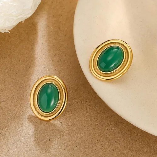 Miniatura 4 de Aretes gruesos de color dorado, geométricos de oro de 18 quilates, turquesa, lapislázuli, verde, rojo, ovalados para mujer