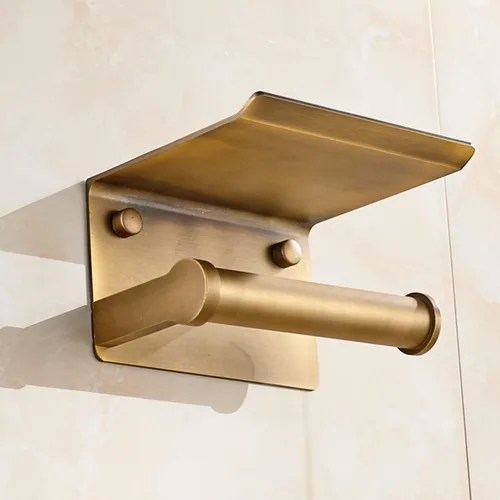 Miniatura 5 de Soporte de papel higiénico de latón antiguo con estante de almacenamiento para teléfono móvil, soporte de pared (2#)