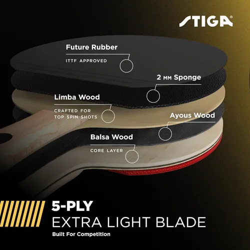 Miniatura 3 de STIGA Bullet Ping Pong Paddle – 5-ply Extra Light Blade – 2mm Premium Sponge – Flared Handle for Masterful Grip – Performance Table Tennis Racket