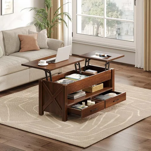 Miniatura 6 de Seventable - Mesa de café, mesa de centro con elevación de 47.2" con 2 cajones de almacenamiento y compartimento oculto, mesa central de granja