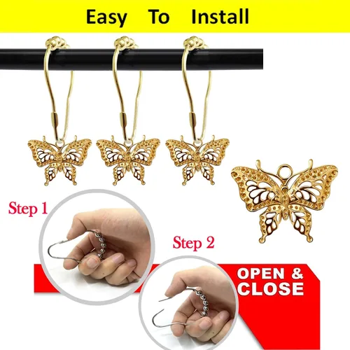 Miniatura 5 de Juego de 12 ganchos decorativos de mariposa para cortina de ducha, diseño de insectos para jardín, naturaleza, estilo insecto, anillos para cortina