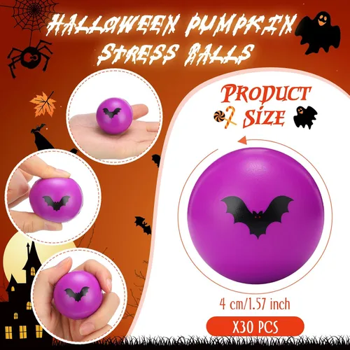 Miniatura 3 de Jerify 30 bolas de estrés de Halloween a granel de 1.57 pulgadas de espuma de murciélago para relleno de bolsas de regalos de Halloween, trucos