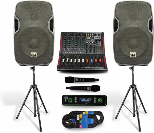 Miniatura 9 de Sistema PA completo, profesional, de 2000 watts, con mezclador 6 Ch, parlantes de 10 in y soporte para micrófonos inalámbricos dobles Complete DJ