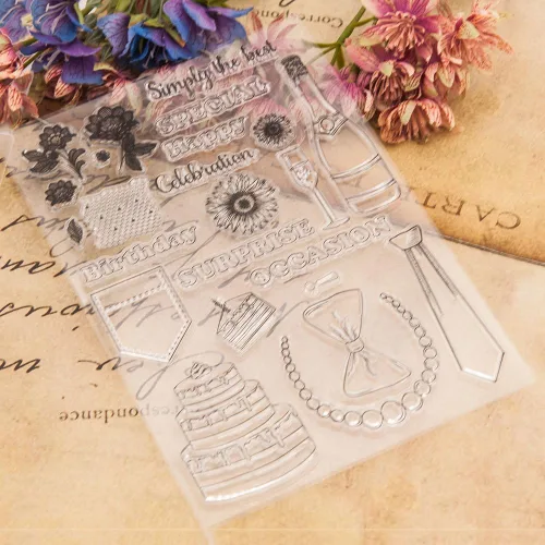 Miniatura 4 de MESYGK Corbata de pastel de feliz cumpleaños, color champán, panal, girasol, sellos transparentes, sello de silicona transparente, tarjetas