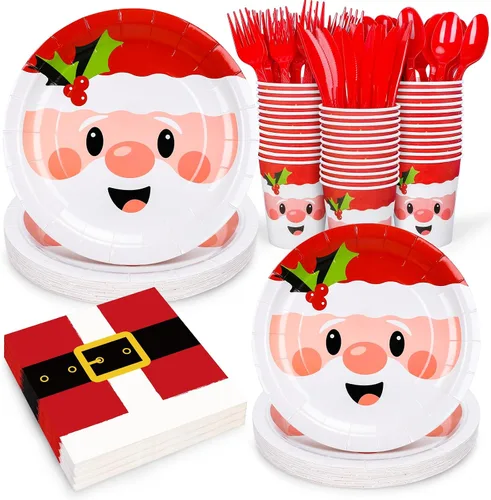 Whaline Juego de vajilla de fiesta de Navidad de 125 piezas, platos de papel de Papá Noel de 7 y 9 pulgadas, 6.5 pulgadas, cinturones de Papá Noel,