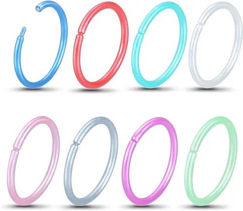 Miniatura 7 de Oveta 8-32 piezas 16G/20G anillos de nariz transparentes con retenedor, anillos de tabique de acrílico Bioflex de colores, anillos de cartílago