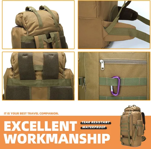 Miniatura 4 de 70L/100L senderismo camping mochila MOLLE mochila impermeable Daypack para viajar, Caqui, Mochila de senderismo 100l