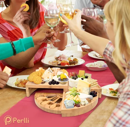 Miniatura 6 de Perlli Juego de tabla y cuchillos de bambú para queso, grande, plegable, de 18 pulgadas, redondo, de madera, giratoria, charcutería, plato