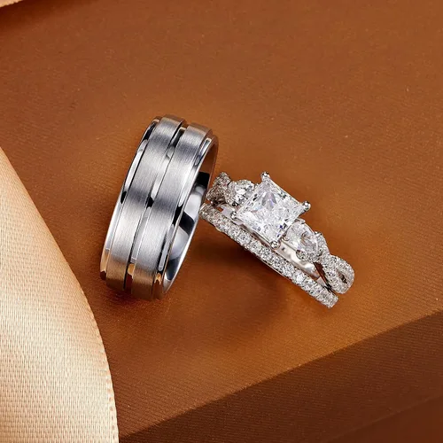 Miniatura 6 de Newshe Jewellery Juego de anillos de boda para él y ella, AAAAA, circonita cúbica para mujeres y hombres, anillos de tungsteno de plata de ley 925