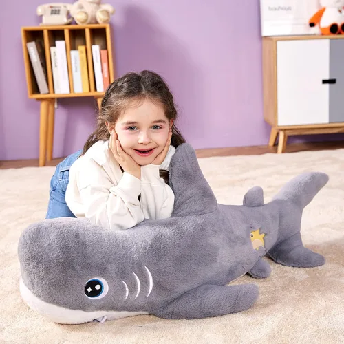 Miniatura 7 de IKASA Juguete de peluche de tiburón gigante, 39 pulgadas, juguetes suaves grandes y bonitos, enorme tamaño grande, esponjoso, de gran