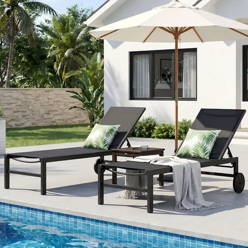 Juego de 2 tumbonas para exteriores con ruedas, tumbona ajustable de 5 posiciones para bronceado junto a la piscina y relajación en el patio