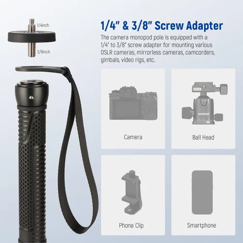 Miniatura 4 de NEEWER Soporte monopie para cámara de 66.5 pulgadas, palo de aluminio ligero para selfie de viaje para videocámara DSLR, fotografía y grabación