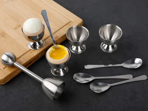 Miniatura 7 de Juego de decoración de galletas de huevo, soporte separador de huevos duros y duros, incluye 4 cucharas de huevos y 4 tazas de huevo, 1 cortador