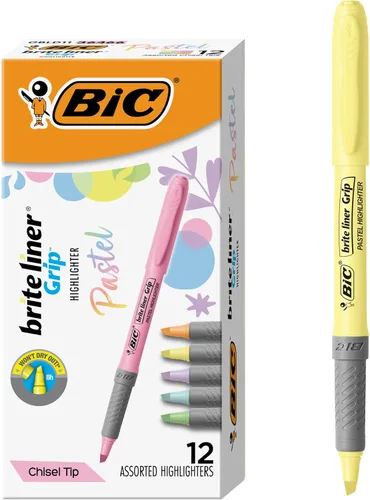 BIC Brite Liner Grip - Juego de resaltadores pastel, punta de cincel, paquete de 12 resaltadores pastel en varios colores, bonitos resaltadores para