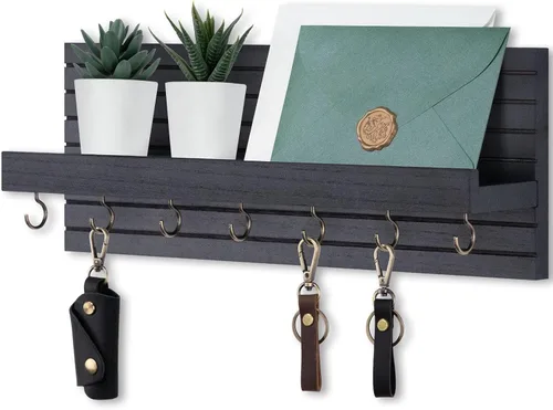 Miniatura 15 de Lwenki Soporte decorativo para llaves de pared con estante, estante de entrada con ganchos para correas, chaquetas y gafas, colgador de entrada