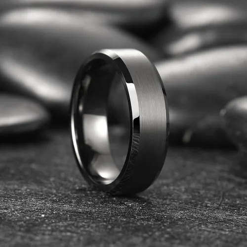 Miniatura 91 de King Will Anillo de boda de tungsteno para hombre, disponible en 15/64 a 25/64 de pulgada (6 a 10 mm), negro/plata, acabado mate, borde pulido