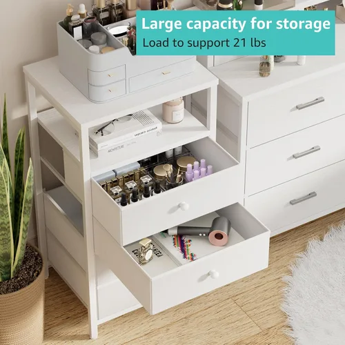 Miniatura 5 de BOLUO Cómoda alta con cajones, mesita de noche blanca con estación de carga y luz LED, cómoda pequeña de 4 cajones en blanco para dormitorio