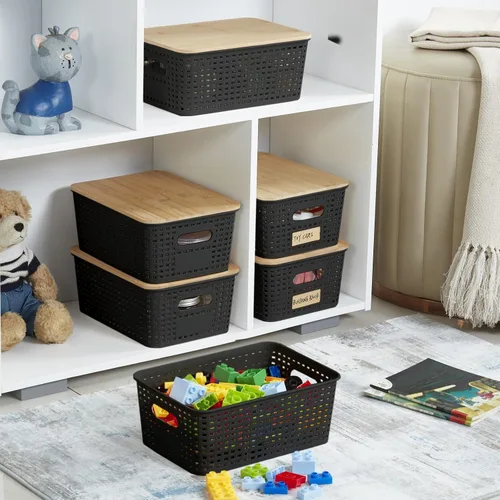 Miniatura 8 de Bagnizer Contenedores pequeños de plástico con tapas de bambú de 5.2 cuartos de galón, cesta apilable para despensa, contenedores decorativos lindos