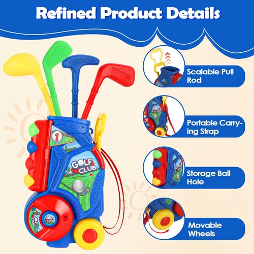 Miniatura 8 de SUPER JOY Juego de golf para niños pequeños, carrito de golf para niños con 4 palos y 8 pelotas, palos de golf para interiores y exteriores, palos